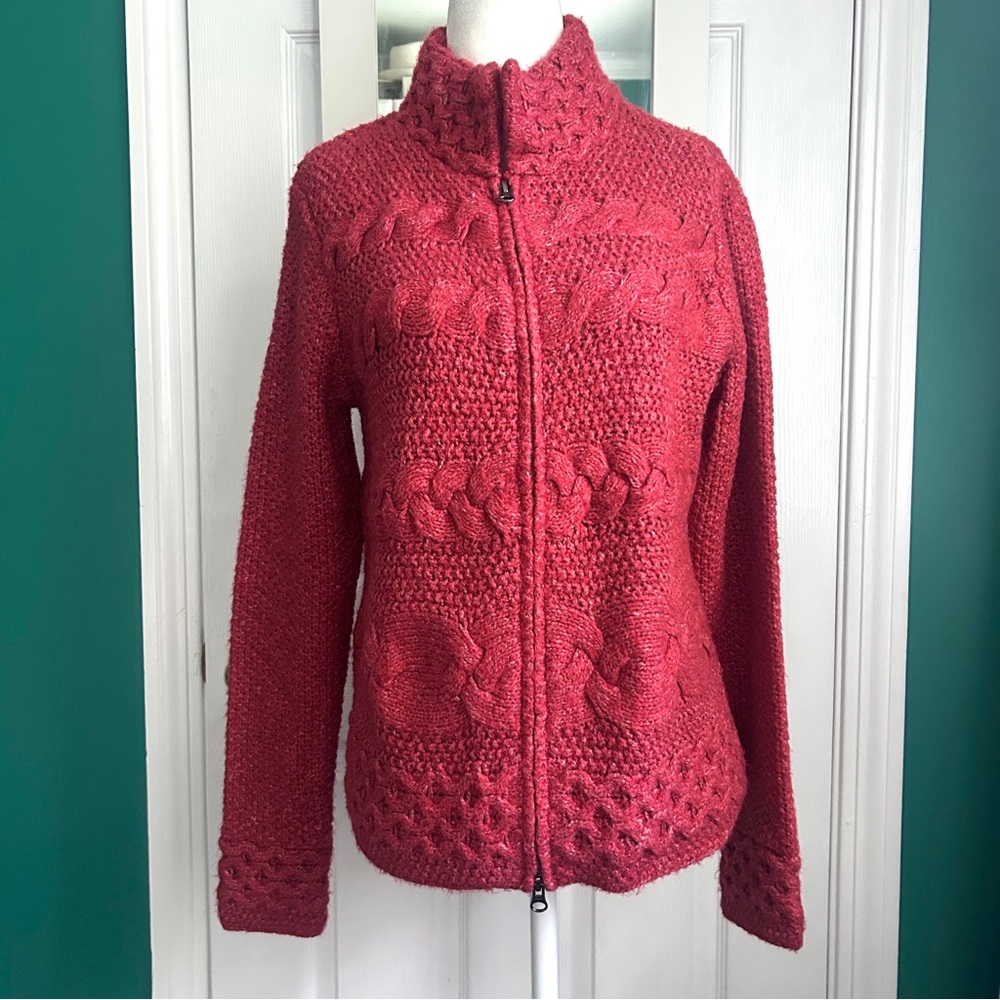 J.Jill Red Cable Knit Zip Up Cardigan Sweater size small
